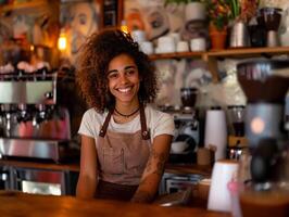 hermosa de piel oscura niña con Rizado cabello. simpático barista, contento sonrisa. café bar, café tienda foto