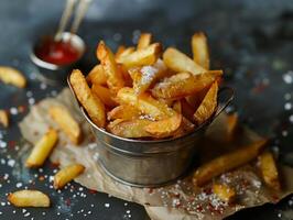 Country style French fries in a tin bucket, with salt and tomato sauce. Beautiful presentation, aesthetic photo