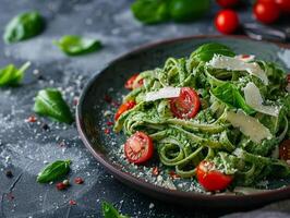 Green pasta with spinach, cherry tomatoes and Parmesan cheese, in creamy pesto sauce. Beautiful plate, texture background, natural dark colors, aesthetic macro photo