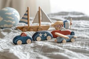 Children's wooden eco toys. Set of toys, lying on a cozy cotton blanket. Car, airplane, ship, submarine. Realistic photo