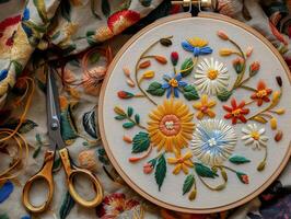 Hoop with embroidered flowers. Bright floss threads. Hobbies and handicrafts. Aesthetic photo, close-up photo