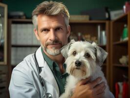 Kind doctor veterinarian holding a Yorkshire terrier puppy in his arms. Appointment at the veterinary clinic. Realistic photo