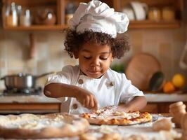 Cute curly dark skinned boy is makes pizza in the kitchen. Photo portrait, aesthetic photo