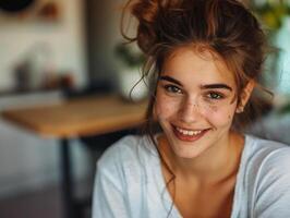 Beautiful young girl with freckles, at home in the kitchen. Cheerful, loving, positive. Portrait close-up photo