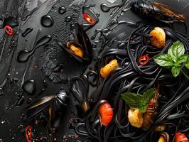 Black pasta with seafood. Seafood including shrimp, mussels, cuttlefish pasta. Aesthetic macro photo