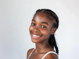 hermosa sonriente de piel oscura Adolescente niña con trenzado cabello. estudio retrato con blanco antecedentes foto