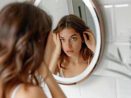 Beautiful young woman looks in surprise at her reflection in the mirror. Morning procedures in the bathroom. Realistic photo. Close-up photo
