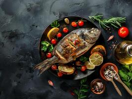 Grilled Dorado fish with lemon, cherry tomatoes and herbs. Beautiful presentation, aesthetic photo