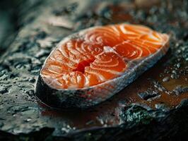 Raw salmon steak, macro photography. Fish texture and fiber. Close-up photo