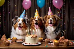 Dogs birthday party. Three shepherd dogs are sitting at a festive table with a cake and candles. Balloons and colorful ribbons in the background. Realistic food photo, close-up. photo