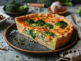 Piece of quiche with salmon and broccoli. Appetizing aesthetic macro photo