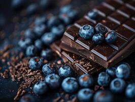 Blueberry and chocolate. Aesthetic macro photo. Berries and chocolate shavings. Close-up photo