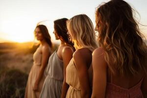 Ladies in a line, diverse appearance, beach sunset, soft focus, shoulder view photo