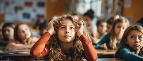 Kids with hands raised, eager teacher pointing, lively class, side angle view photo