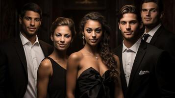 Group in formal attire, multicultural elegance, classic black and white photo, eyelevel photo