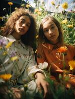 Young dreamers in a garden, using nature as a muse, vibrant, ground level angle photo