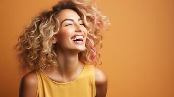 Radiant woman smiling, vibrant studio backdrop, central composition, right copy space photo