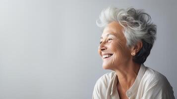 Elderly lady laughing, light studio background, side view, soft lighting photo