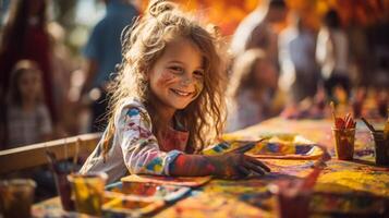 pequeño artistas a un festival, vistoso alrededores, sincero, amplio ángulo foto