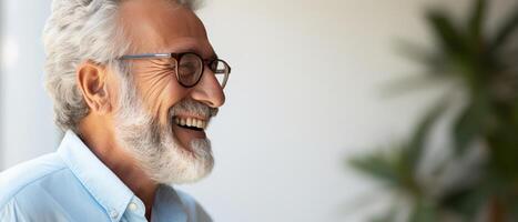 Grandfather laughing, white studio wall, natural expression, centered, space for message photo