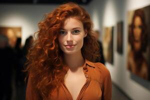 Portrait in an art gallery, contrasting skin and hair, ambient lighting, centered composition photo