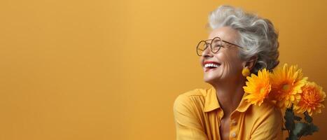 Cheerful senior, solid color backdrop, warm tones, right margin for copy, sharp focus photo