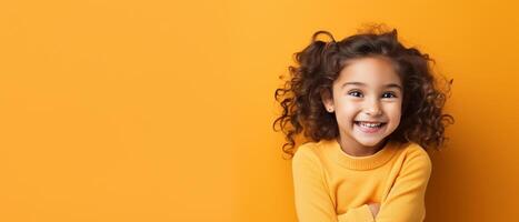 Radiant child, solid color background, candid smile, left copy space, eyelevel photo