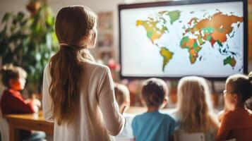 profesor utilizando un pizarron, niños acecho atentamente, claro enfocar, desde espalda de habitación foto