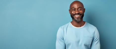 Happy man, simple studio setting, engaging smile, centered, ample space for branding photo