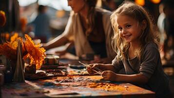 Little artists at a festival, colorful surroundings, candid, wide angle photo