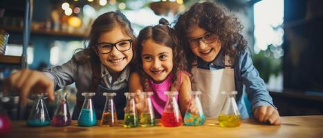 profesor y niños alrededor un Ciencias experimento, vibrante colores, frente ver foto