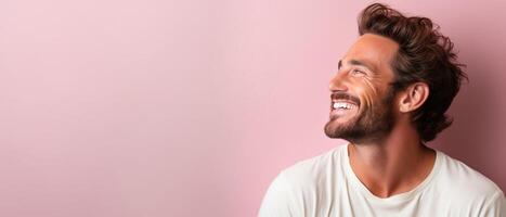 Beaming guy, pastel studio wall, relaxed pose, soft lighting, left copy space photo