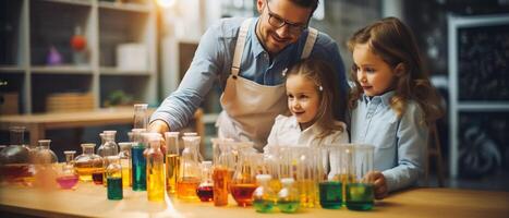 profesor y niños alrededor un Ciencias experimento, vibrante colores, frente ver foto