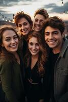 Six friends, unique beauty, rooftop party, evening light, lively, eyecontact with camera photo