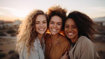 Friends outdoors, diverse looks, sunset backdrop, candid, wide lens for warmth photo