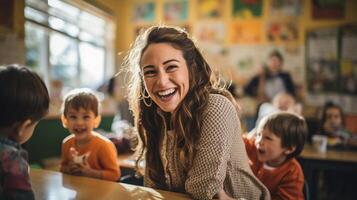 profesor a el frente de un brillante aula, niños comprometido, altura de los ojos, calentar tonos foto