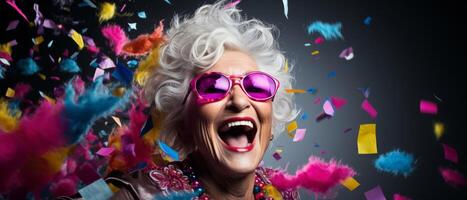 Grandmother in a festive mood, confetti, white space background, candid, colorful photo