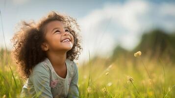 Happy child, pastelcolored studio, looking up, ample top space for copy photo