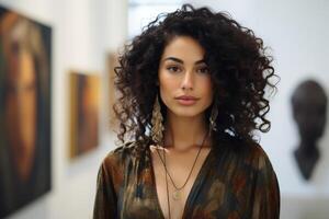 Portrait in an art gallery, contrasting skin and hair, ambient lighting, centered composition photo