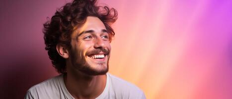 Beaming guy, pastel studio wall, relaxed pose, soft lighting, left copy space photo