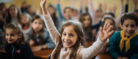 Kids with hands raised, eager teacher pointing, lively class, side angle view photo