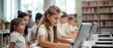 niños en un computadora laboratorio, profesor ayudando, moderno sentir, hombro ver foto