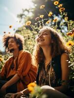 Young dreamers in a garden, using nature as a muse, vibrant, ground level angle photo