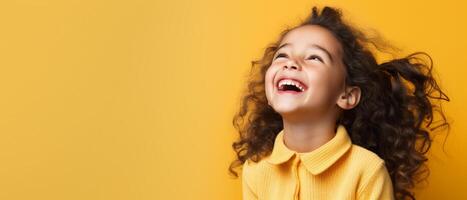 Joyful child laughing, bright studio backdrop, central, right side copy space photo