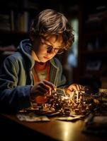 Kid alone, crafting a masterpiece, dimly lit room, intense focus, macro shot photo