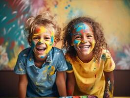 Joyful kids with paintcovered hands up, colorful room, eyelevel capture photo