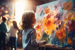 Child focusing on a canvas, room filled with art, soft natural light, closeup photo