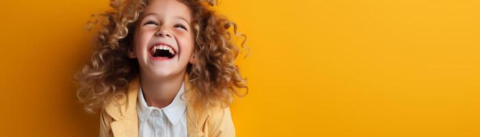 Beaming child, minimalist backdrop, vibrant energy, bottom space for branding photo