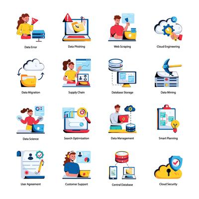Modern Flat Icons Depicting Data Handling