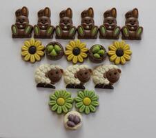 chocolate Pascua de Resurrección flores, conejitos, Cordero y huevos foto